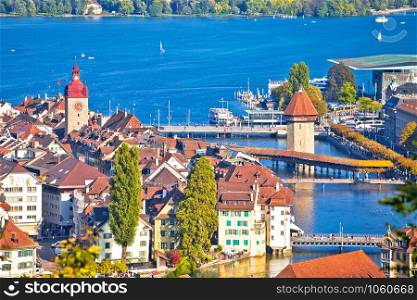 Lake Luzern and town of Lucerne cityscape view from above, central Switzerland
