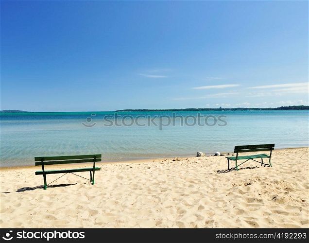 lake Michigan beach with benches