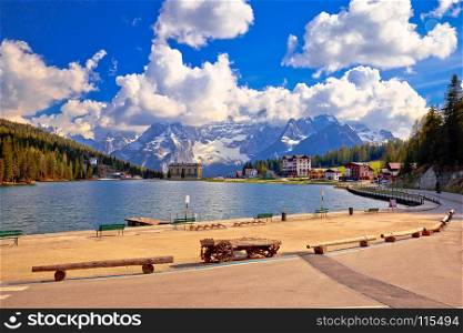 Lake Misurina in Dolomiti Alps alpine landscape view, South Tyrol region of Italy