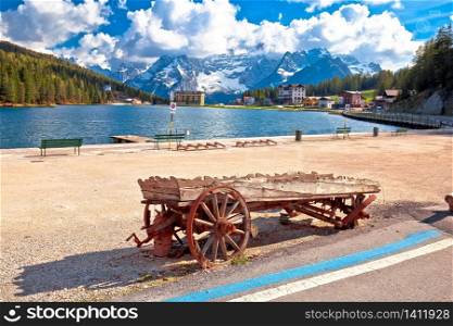 Lake Misurina in Dolomiti Alps alpine landscape view, South Tyrol region of Italy