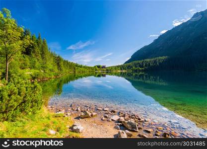 Lake Morskoye Oko, surrounded by forests in the Tatra Mountains,. Lake Morskoye Oko, surrounded by forests in the Tatra Mountains, Poland