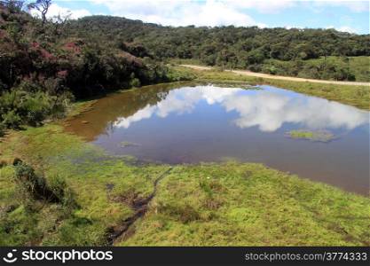 Lake near road in Horton plains national park, Sri Lanka