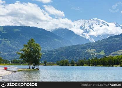 Lake Passy and Mont Blanc mountain massif summer view (Chamonix, France).