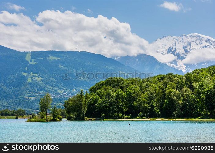 Lake Passy and Mont Blanc mountain massif summer view (Chamonix, France).