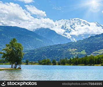 Lake Passy and Mont Blanc mountain massif summer view (Chamonix, France).