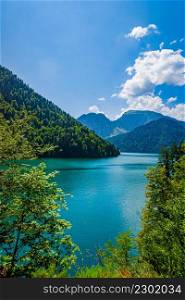 Lake Ritsa in mountains in Abkhazia.