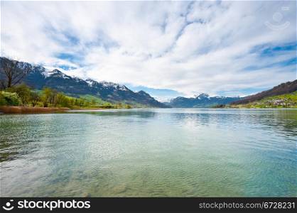 Lake Sarner on the Background of Snow-capped Alps, Switzerland
