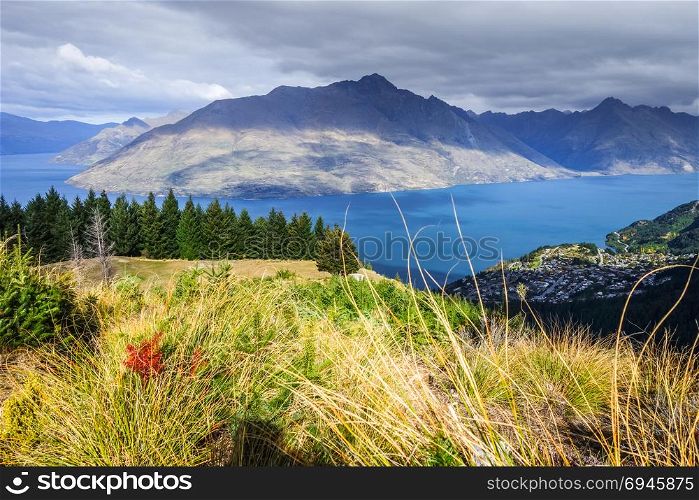 Lake Wakatipu and Queenstown aerial view, New Zealand. Lake Wakatipu and Queenstown, New Zealand