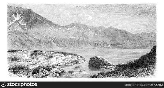 Lake Wielki Staw in the Valley of the Five Lakes, in Krkonose Mountains, Poland, drawing by G. Vuillier from a photograph, vintage engraved illustration. Le Tour du Monde, Travel Journal, 1881