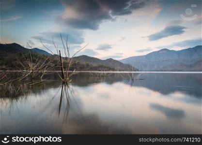 Lake with mountain and blue clouds sky landscape
