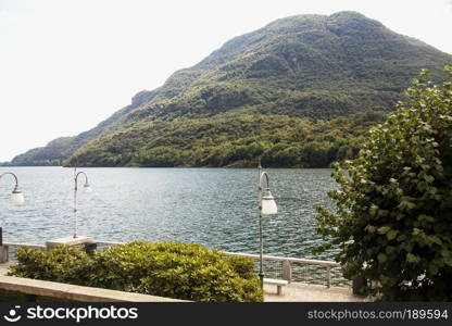 Lakeside with mountain on the background, horizontal image