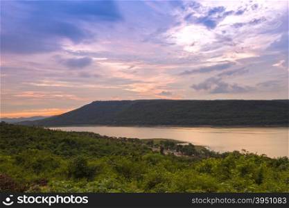 Lam Takong reservoir dam at sunset, Nakhon Ratchasima, Thailand