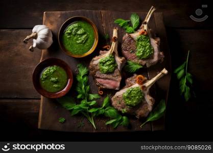 Lamb chops prepared with pesto sauce. Illustration Generative AI. Lamb chops prepared with pesto sauce. Illustration AI Generative