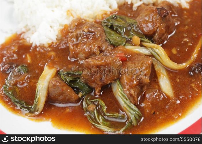 Lamb curried with anise and bok choi (pak soi) leaves, served with jasmine rice. Viewed from the side