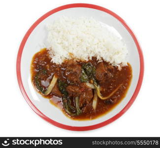 Lamb curried with anise and bok choi (pak soi) leaves, served with jasmine rice. Viewed from above.