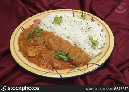 Lamb rogan josh, served with jeera (cumin) rice. A tilt-shift lens has been used to achieve huge depth of field.