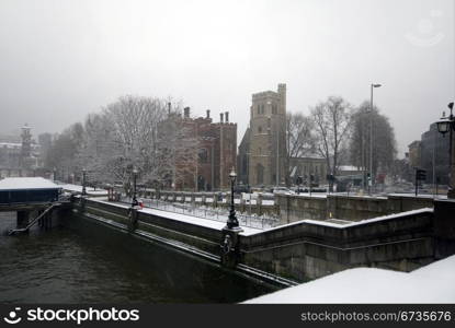 Lambeth Palace, Morton&rsquo;s Gate, the River Thames, and street scene, on a cold, snowy day, London, England