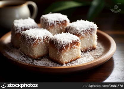 Lamingtons, sponge cake with chocolate and coconut. Generative AI