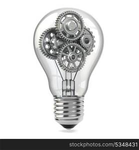 Lamp bulb and gears. Perpetuum mobile idea concept. 3d