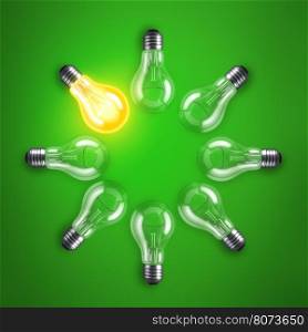Lamp bulbs. 3D illustration. Group of lamp bulbs circle on green background. 3D illustration