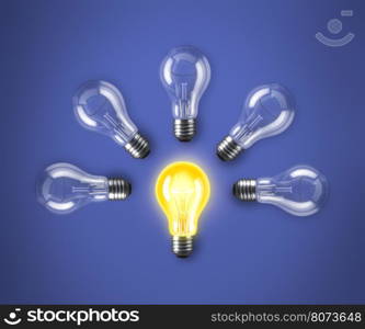 Lamp bulbs. 3D illustration. Group of lamp bulbs on blue background. 3D illustration