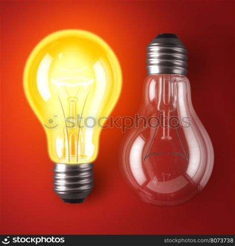 Lamp bulbs. 3D illustration. Lamp bulb On and Off on red background. 3D illustration