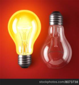 Lamp bulbs. 3D illustration. Lamp bulb On and Off on red background. 3D illustration