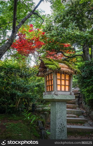 Lamp in Jojakko-ji Shrine temple, Arashiyama bamboo forest, Kyoto, Japan. Lamp in Jojakko-ji temple, Kyoto, Japan