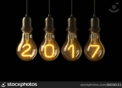 Lamp light bulbs. 3D illustration. Christmas lamp light bulbs Illuminated new year 2017 on black background. 3D illustration