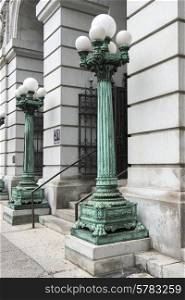 Lamp posts outside a building, Manhattan, New York City, New York State, USA
