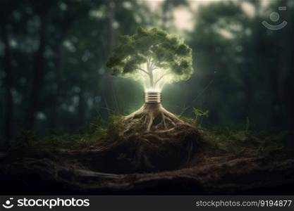 Lamp tree energy soil. Idea nature recycle. Generate Ai. Lamp tree energy soil. Generate Ai