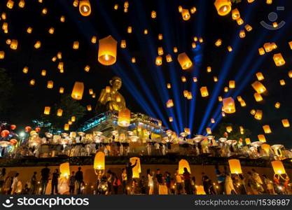 LAMPHUN, THAILAND - NOV 22: Yee Peng Festival, Loy Krathong celebration and floating lanterns in Lamphun, Thailand on November 22, 2018