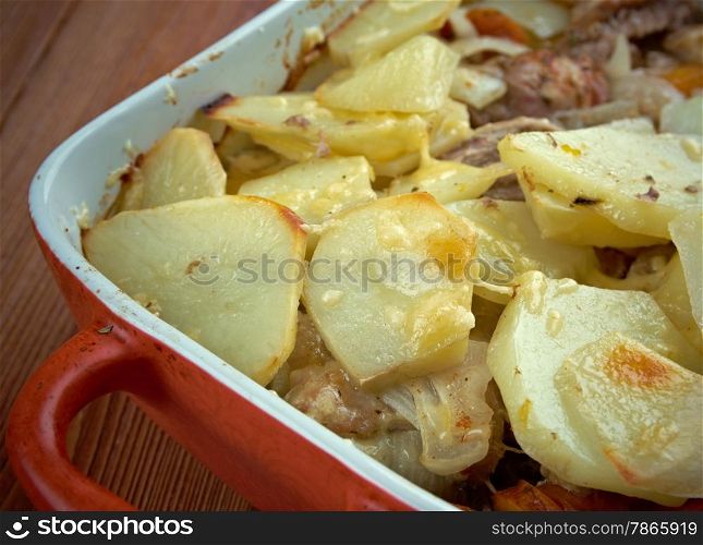 Lancashire hotpot - dish made traditionally from lamb, topped with sliced potatoes. Originating in in Lancashire in the North West of England