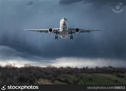 Landing aircraft. Landscape with white passenger airplane is flying in the sky with clouds over trees at overcast day. Travel background. Passenger airliner. Commercial airplane. Business travel