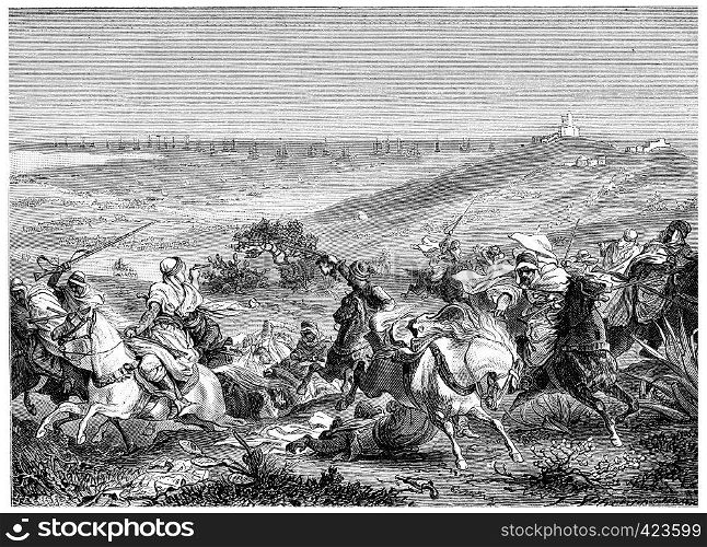 Landing of the French army in Sidi Fredj, vintage engraved illustration. History of France ? 1885.