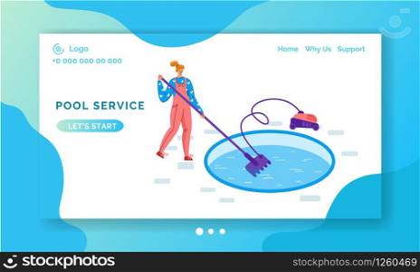 Landing page pool maintenance or cleaning service, girl in uniform clean water with vacuum cleaner, tool for pool servicing reparing, worker with equipment - flat vector for website, landing, banner. swimming pool searvcice flat concept
