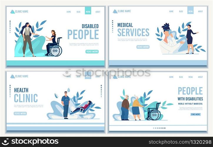 Landing Page Set Presenting Medical Services for People with Different Possibilities. Healthcare for Woman and Pregnant Female Clients, Disabled Senior Patients and Young Human. Vector Illustration. Landing Page Set of Medical Services for People