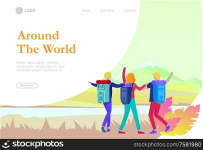 landing page template. People characters woman for hiking and trekking, holiday travel vector, hiker and tourism illustration. Happy Tourists travelling. Vector cartoon style illustration. landing page template. People characters woman for hiking and trekking, holiday travel vector, hiker and tourism illustration. Happy Tourists travelling. Vector cartoon style