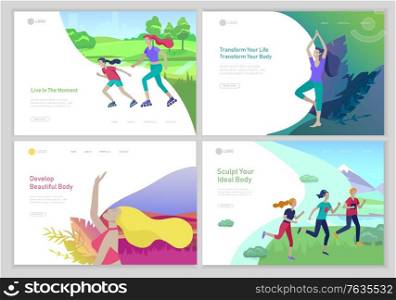 Landing page template with People group running, yoga workout, rollerblading. Family and children performing sports outdoor activities at park or Nature. Cartoon illustration. Landing page template with People group running, yoga workout, rollerblading. Family and children performing sports outdoor activities at park or Nature. Cartoon
