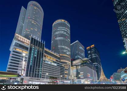 Landmark buildings in Nagoya city at night in Nagoya, Japan.
