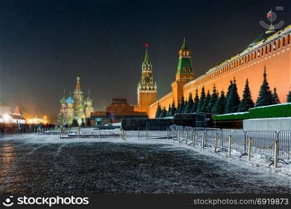 Landmark of Moscow, Russia - night shot of Red Square - view of the Kremlin, St. Basil&rsquo;s Cathedral and Lenin&rsquo;s Mausoleum