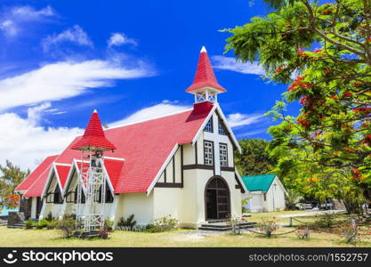 Landmarks of beautiful Mauritius island - Red church with blooming flamboyant tree. famous little church in in the north of Mauritius island