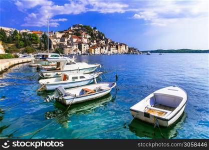 Landmarks of Croatia - beautiful coastal town Sibenik. view with fishing boats