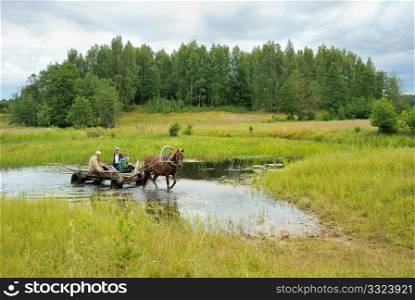Landscape, a stream in the meadow and a cart with people riding on the hay-making.