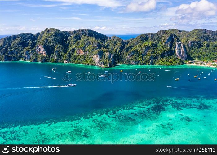 landscape aerial top view from drone camera phi phi island beautiful marine tourism city hi season kra bi Thailand