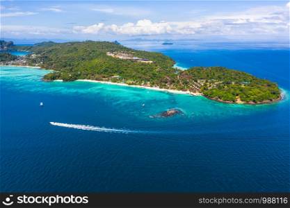 landscape aerial top view from drone camera phi phi island beautiful marine tourism city hi season kra bi Thailand
