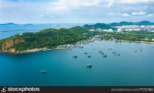 landscape aerial view fishing boat and mountain with refinery area background Thailand