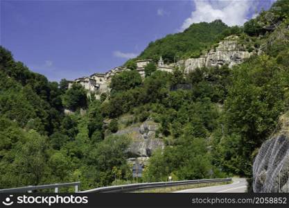 Landscape along the old Salaria road in the Ascoli Piceno province, Marche, Italy, at springtime. A village