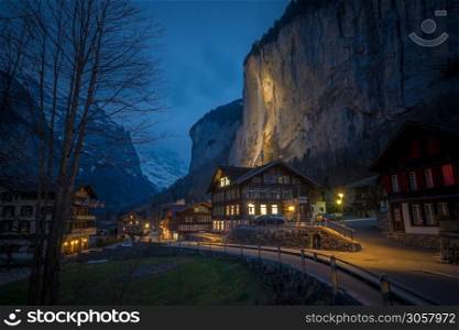 Landscape around Lauterbrunnen village at night, Switzerland