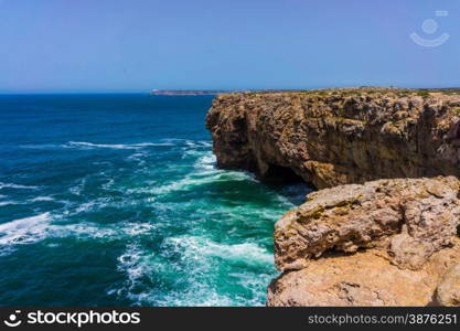 landscape at Sagres fortress during sunset, Portugal. North shore of Cape St. Vincent